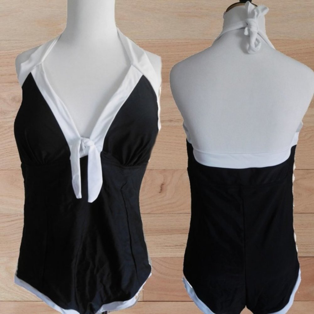 BLACK  WITH WHITE TRIM HALTER ONE PIECE SWIMSUIT